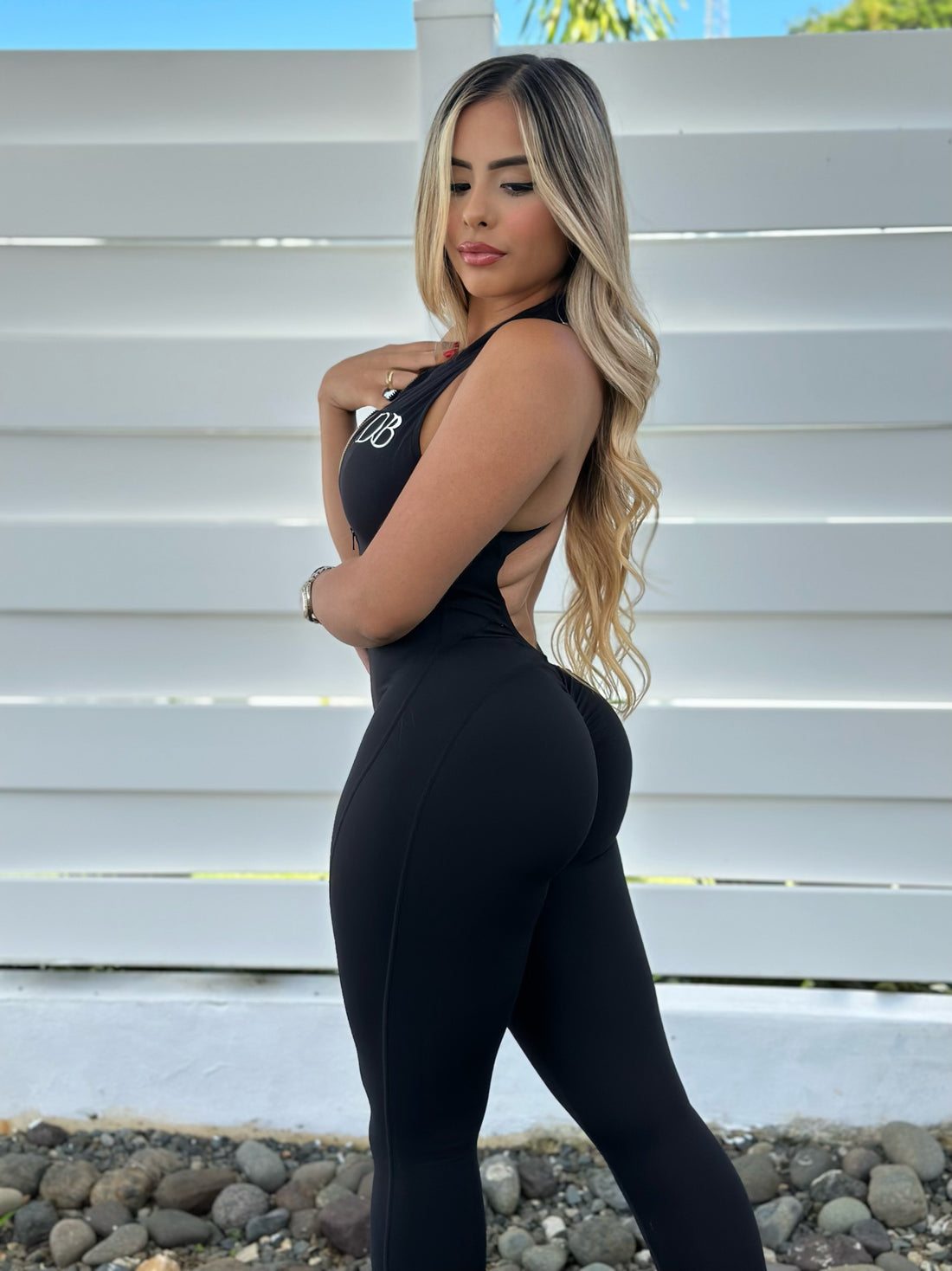 Black Zipper V Back Jumpsuit