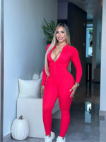 Red Long Sleeve Zipper V Back Jumpsuit