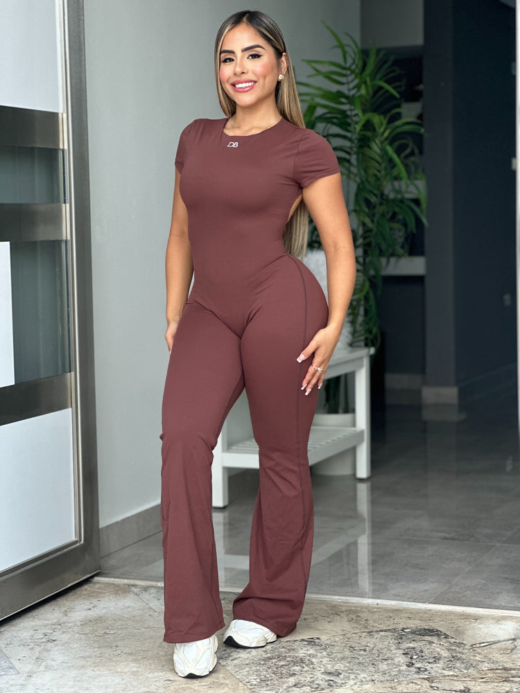 Brown Short Sleeve V Flare Jumpsuit