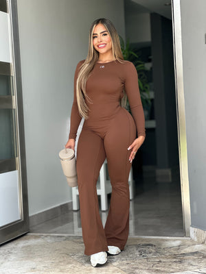 Brown Long Sleeve Scrunch Flare Jumpsuit