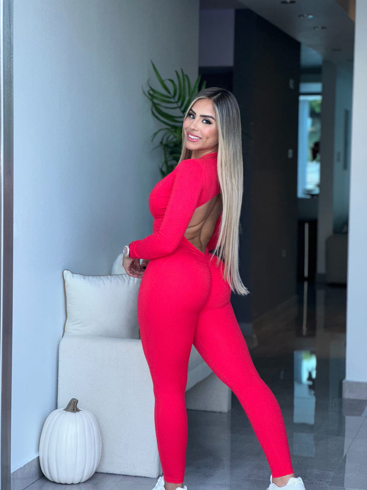 Red Long Sleeve Zipper V Back Jumpsuit