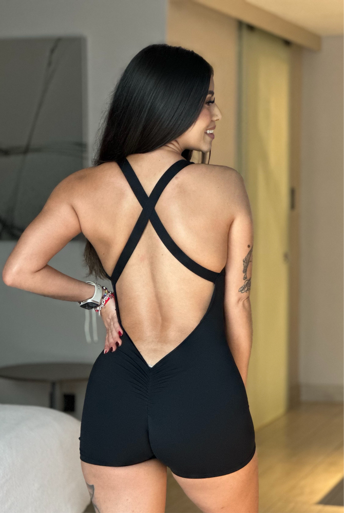 Black Open Cross Back Corset Romper