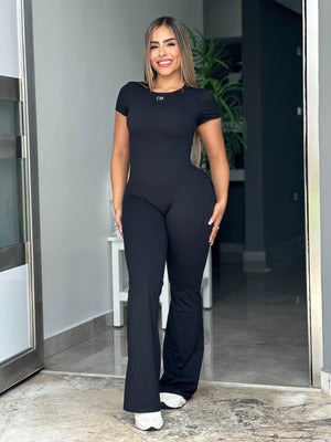 Black Short Sleeve V Flare Jumpsuit