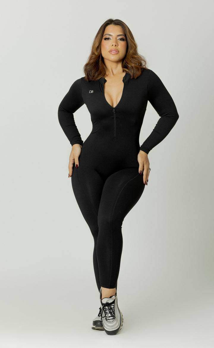 Black Long Sleeve Zipper V Back Jumpsuit