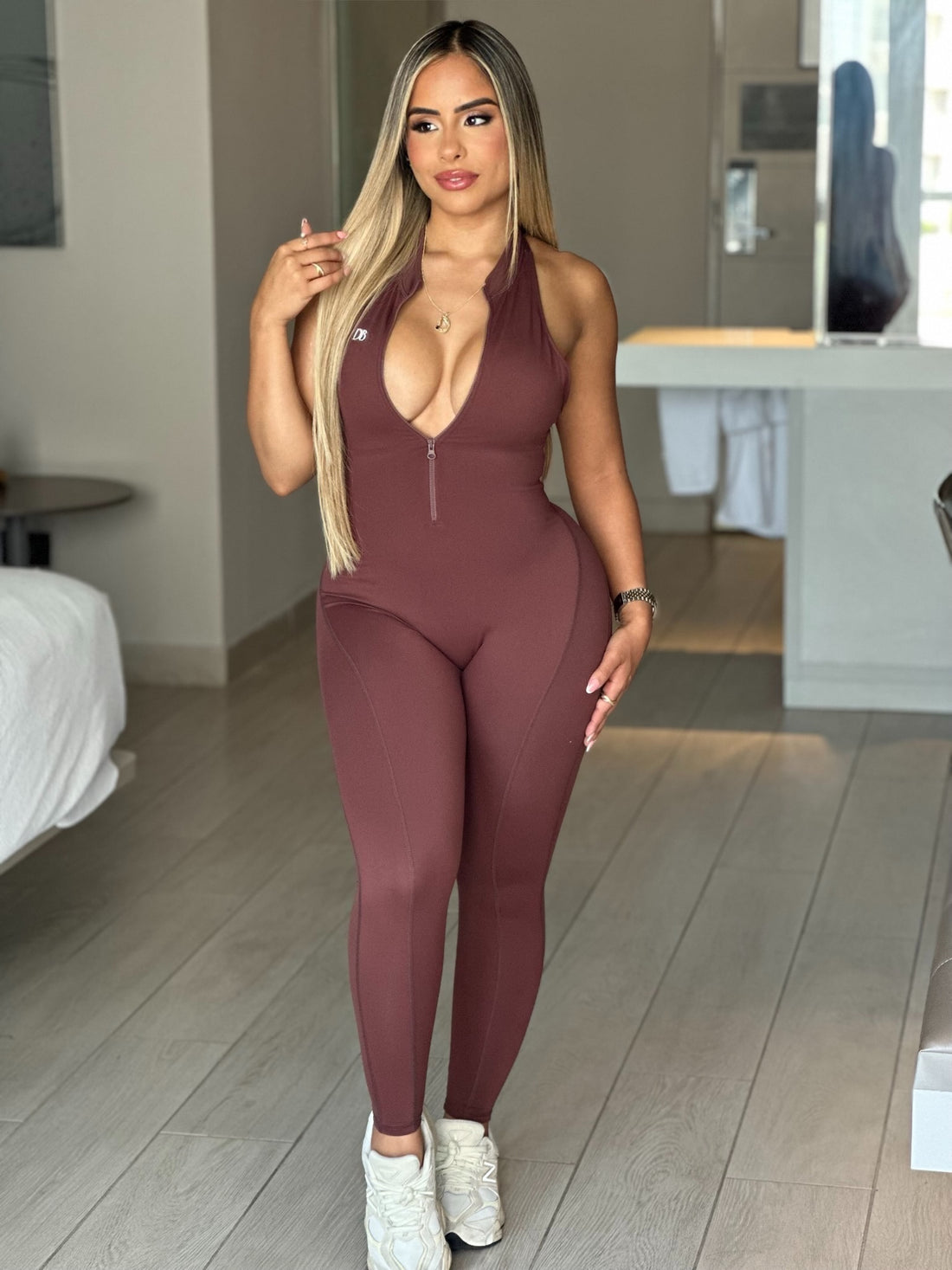 Brown Zipper V Back Jumpsuit