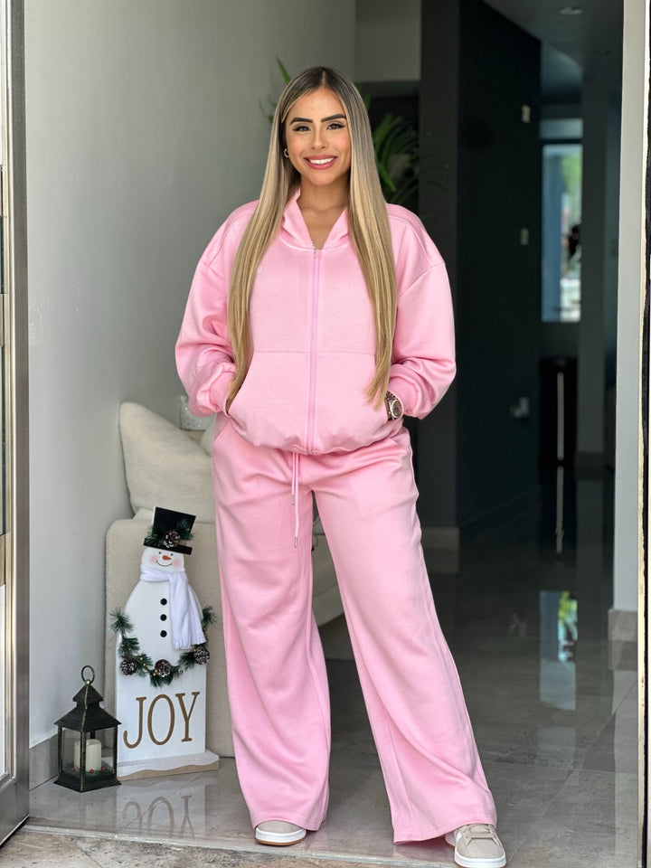 Pink Baggy Zipper Jogger Lounge Set