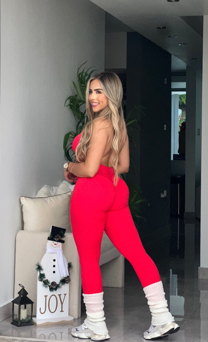 Red Halter Scrunch Pocket Jumpsuit