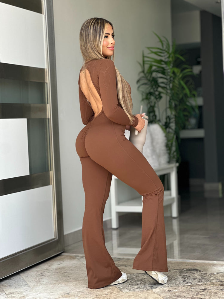 Brown Long Sleeve Scrunch Flare Jumpsuit