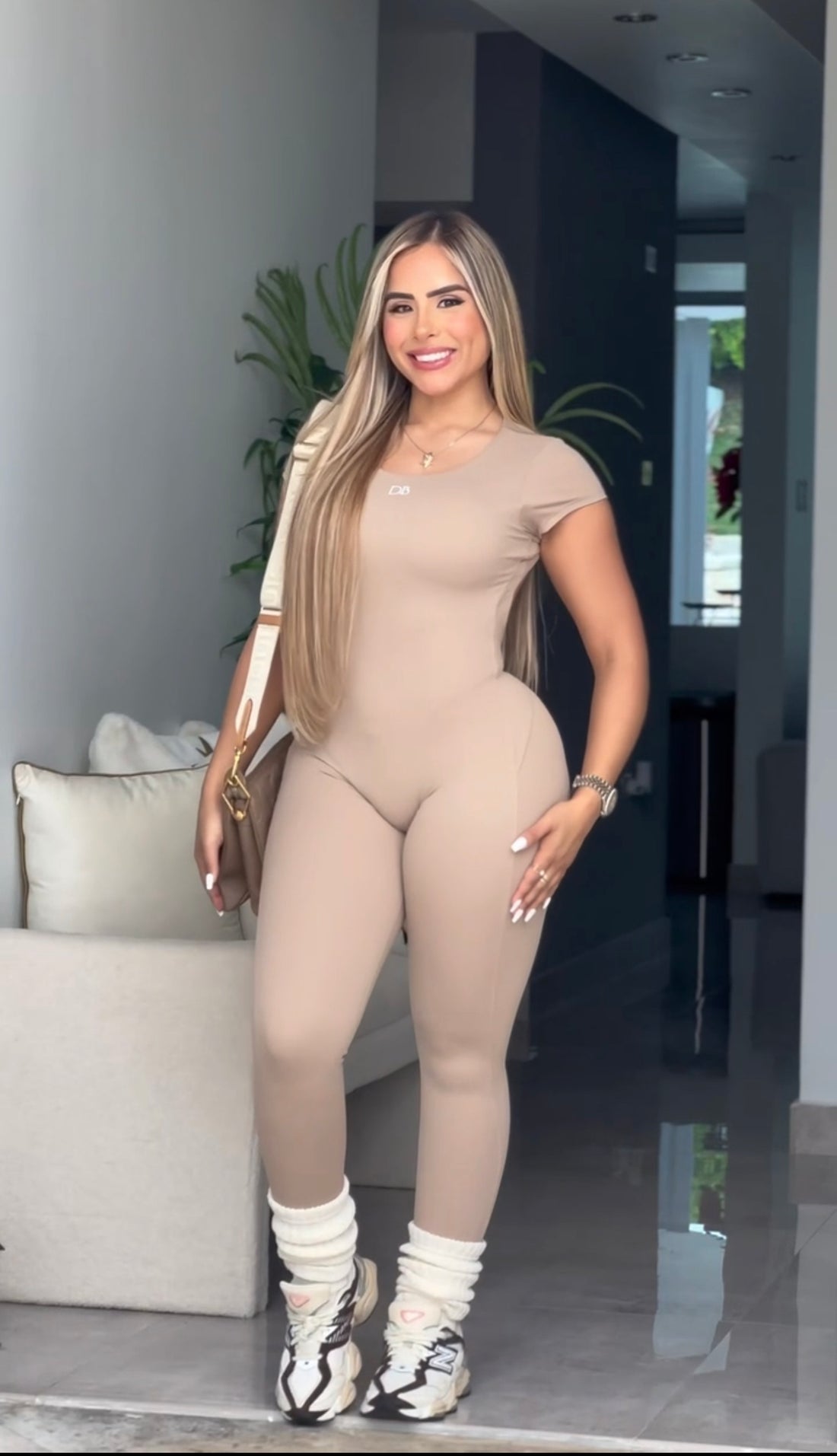 Beige Basic Open Back Jumpsuit