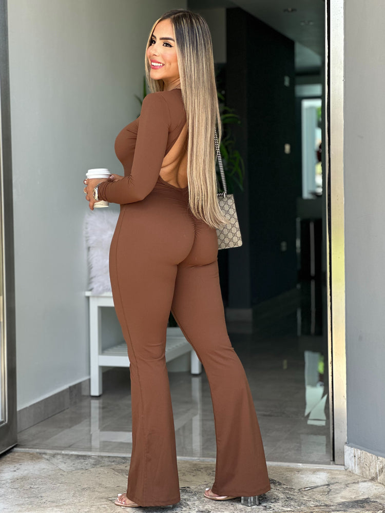 Brown Long Sleeve Scrunch Flare Jumpsuit