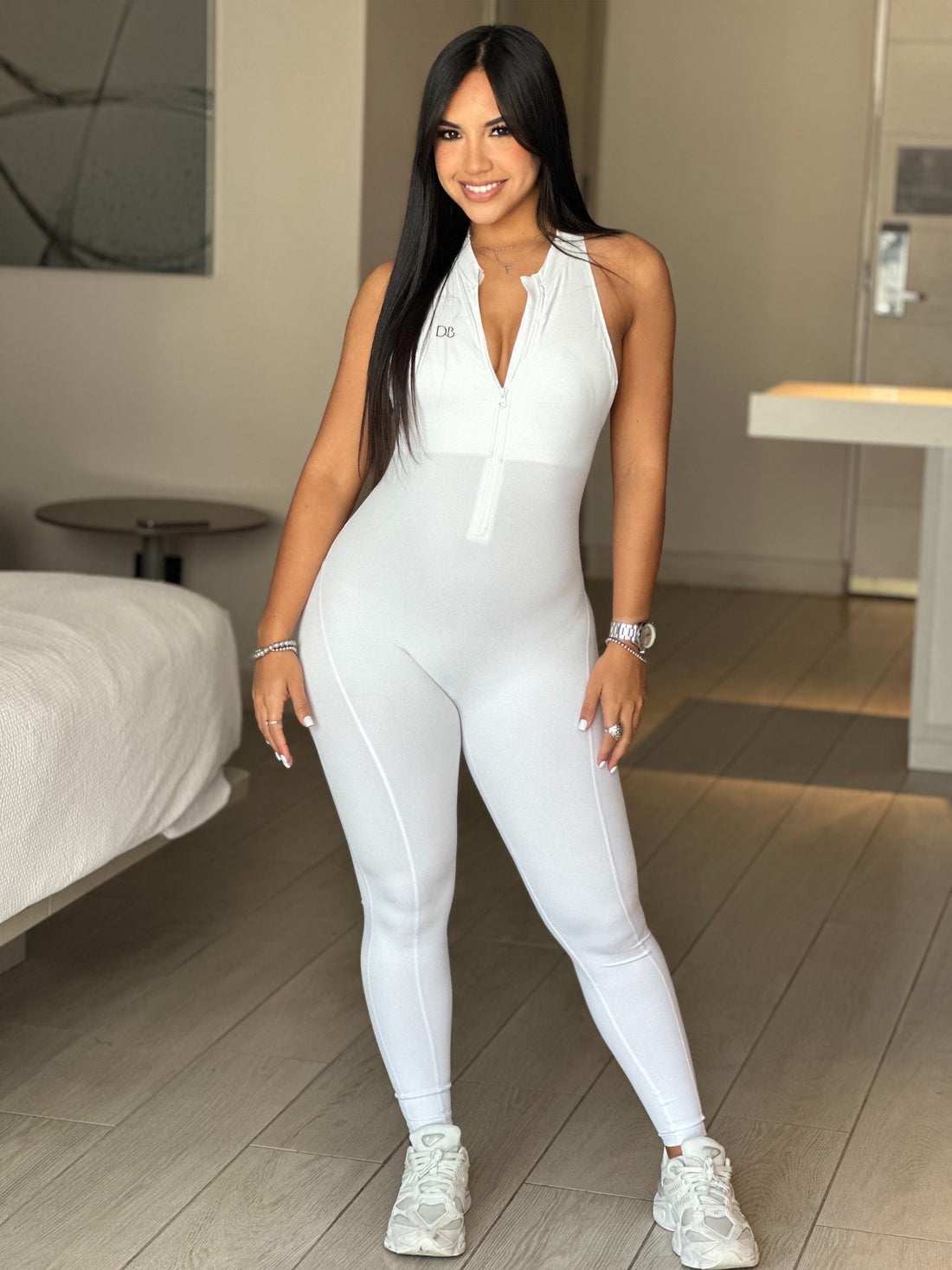 White Zipper V Back Jumpsuit