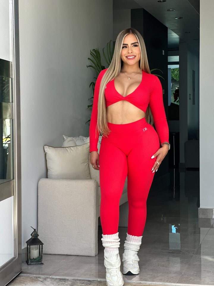 Red Long Sleeve Twist V Back Set