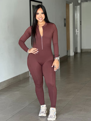 Brown Long Sleeve Zipper V Back Jumpsuit