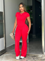 Red Short Sleeve V Flare Jumpsuit