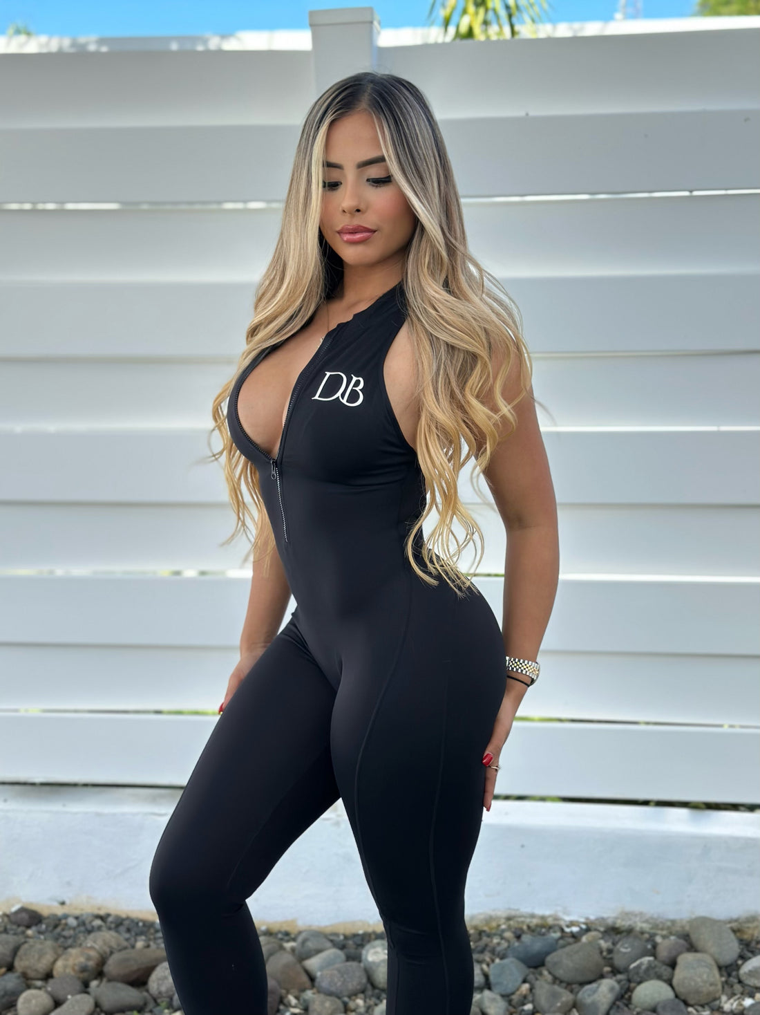 Black Zipper V Back Jumpsuit