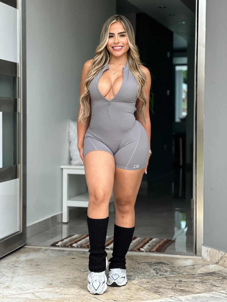 Grey Zipper V Back Romper