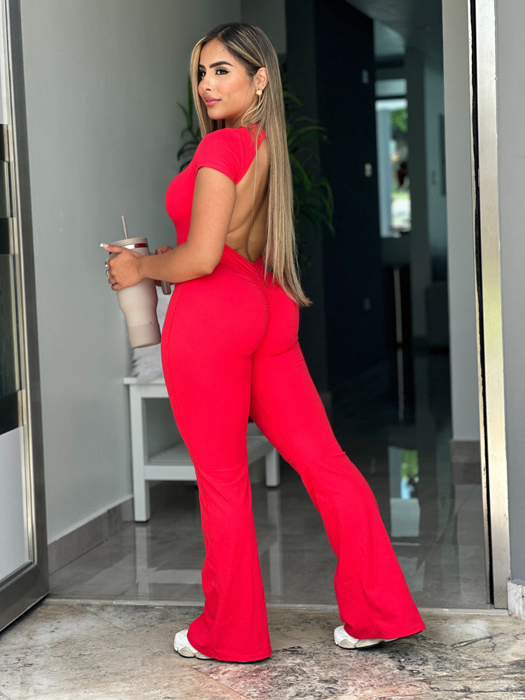 Red Short Sleeve V Flare Jumpsuit