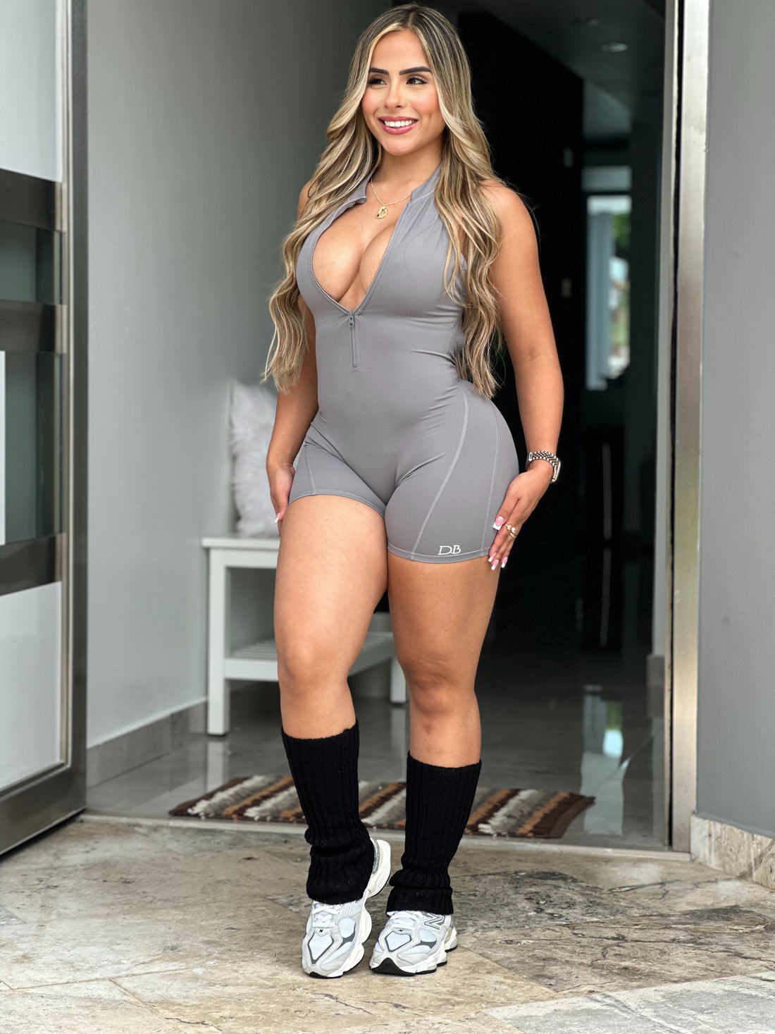 Grey Zipper V Back Romper