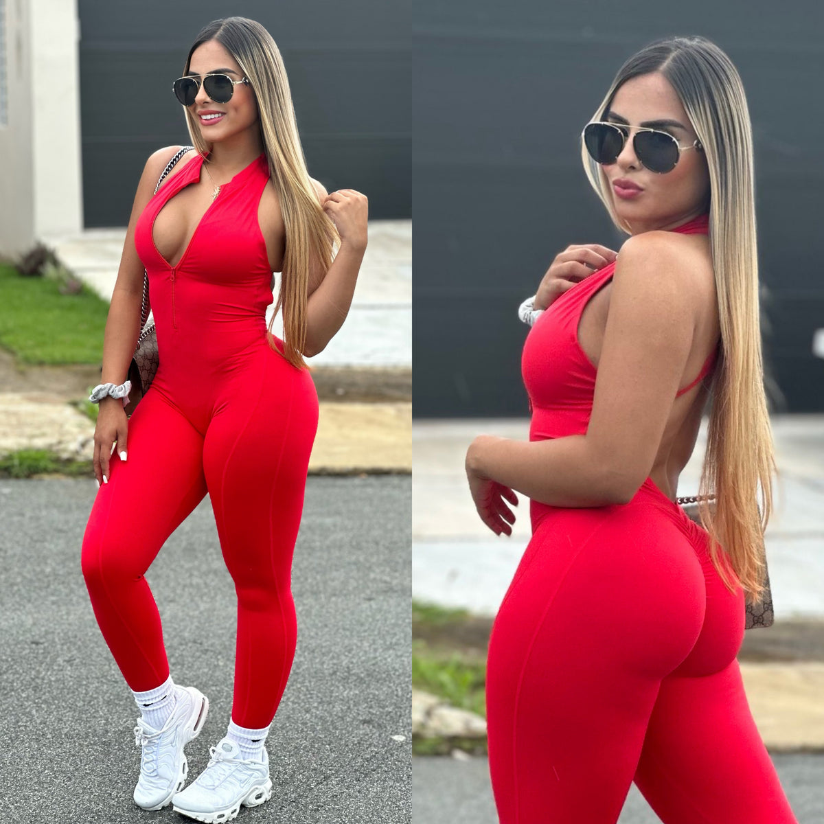 Red Zipper V Back Jumpsuit