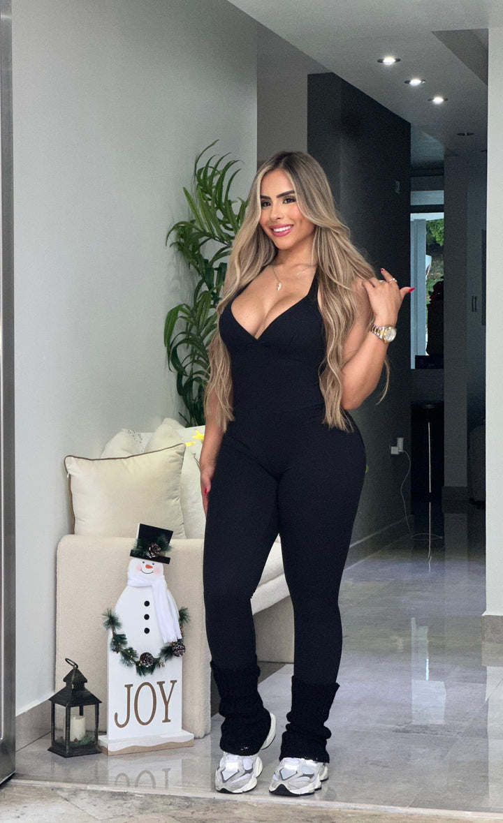 Black Halter Scrunch Pocket Jumpsuit