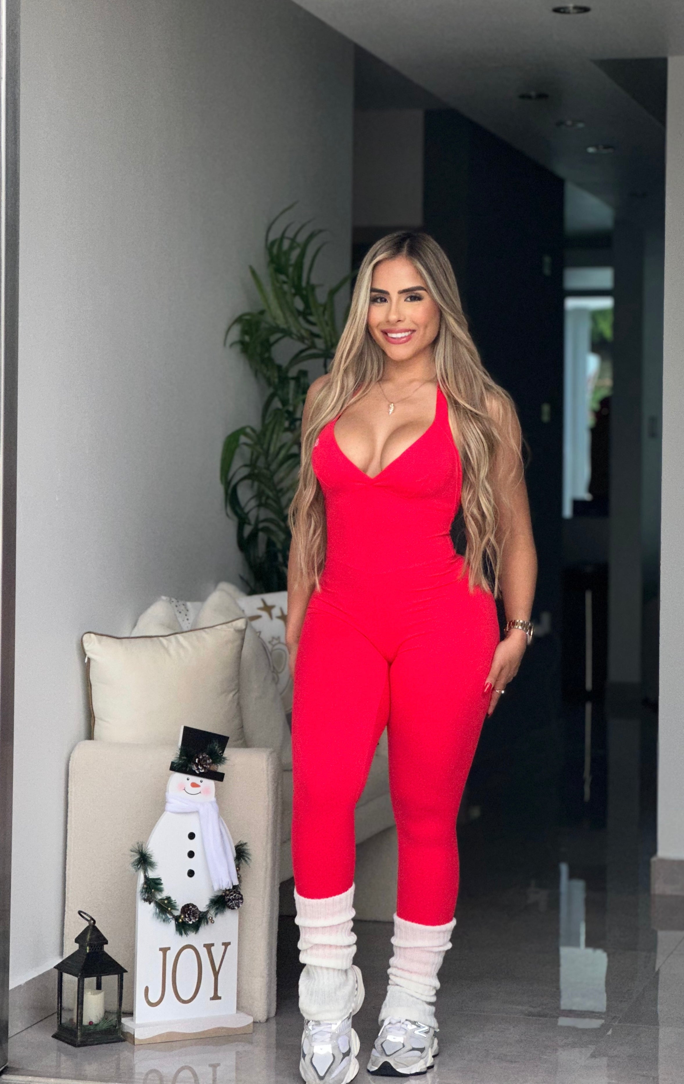 Red Halter Scrunch Pocket Jumpsuit