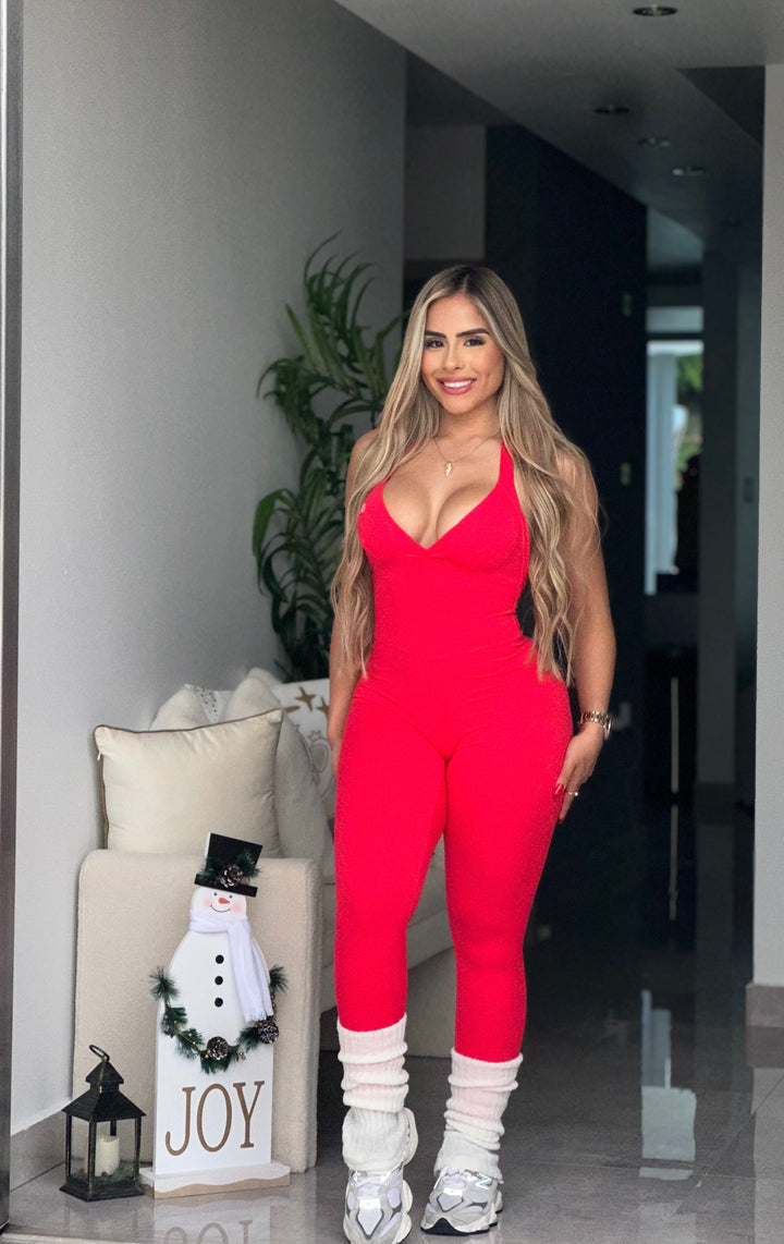 Red Halter Scrunch Pocket Jumpsuit