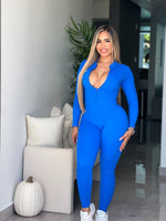 Blue Long Sleeve Zipper V Back Jumpsuit