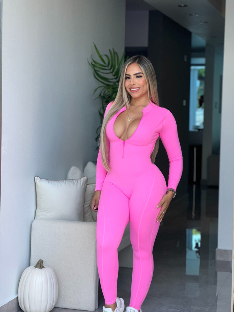 Pink Long Sleeve Zipper V Back Jumpsuit