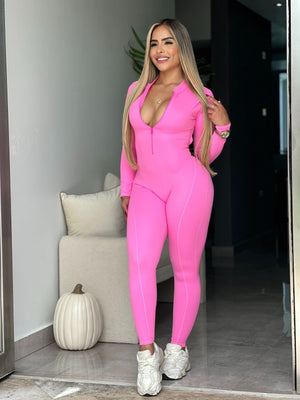 Pink Long Sleeve Zipper V Back Jumpsuit