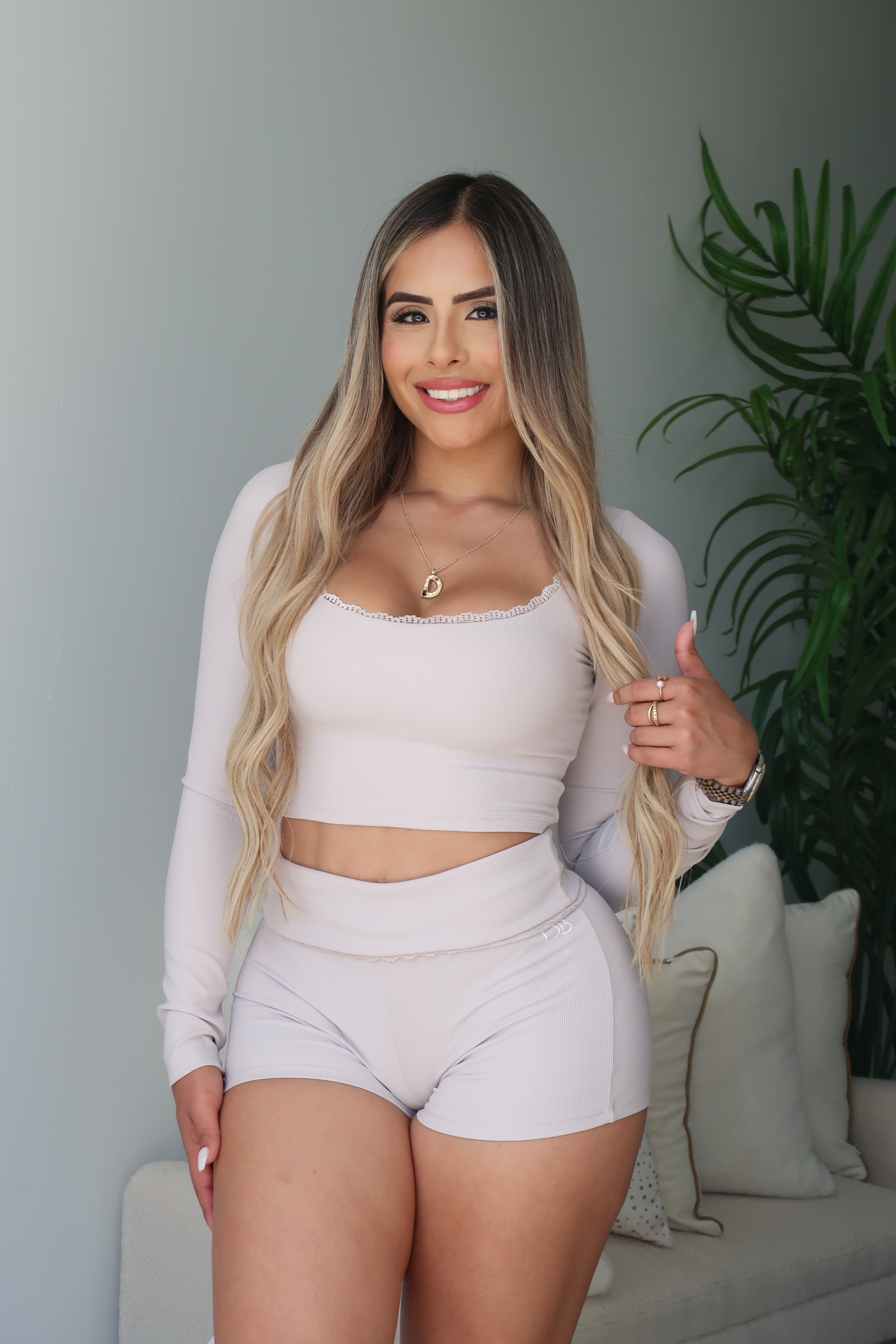 Nude Long Sleeve Folded Waist Band Lounge Set