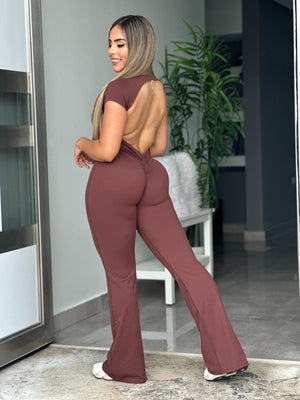 Brown Short Sleeve V Flare Jumpsuit