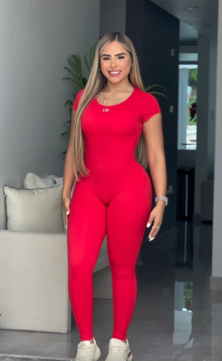 Red Basic Open Back Jumpsuit