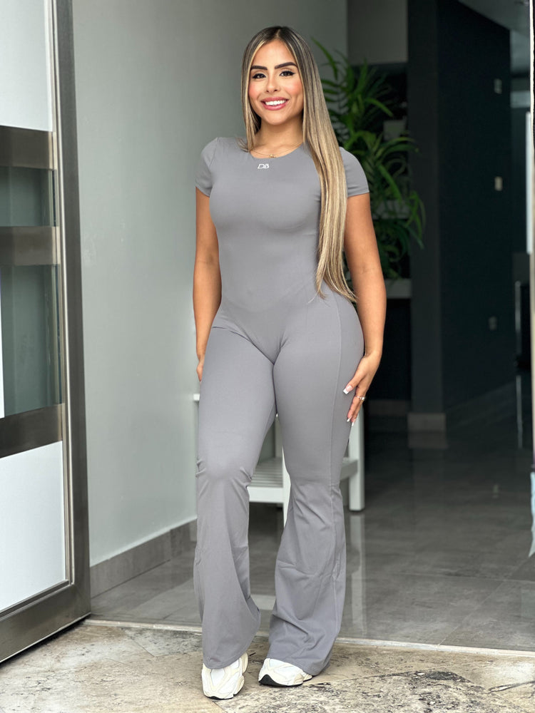 Grey Short Sleeve V Flare Jumpsuit