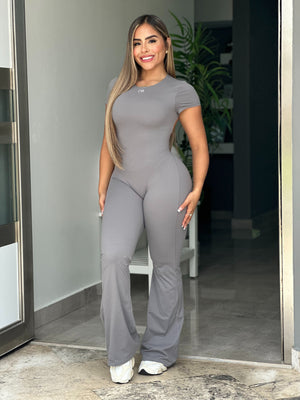 Grey Short Sleeve V Flare Jumpsuit