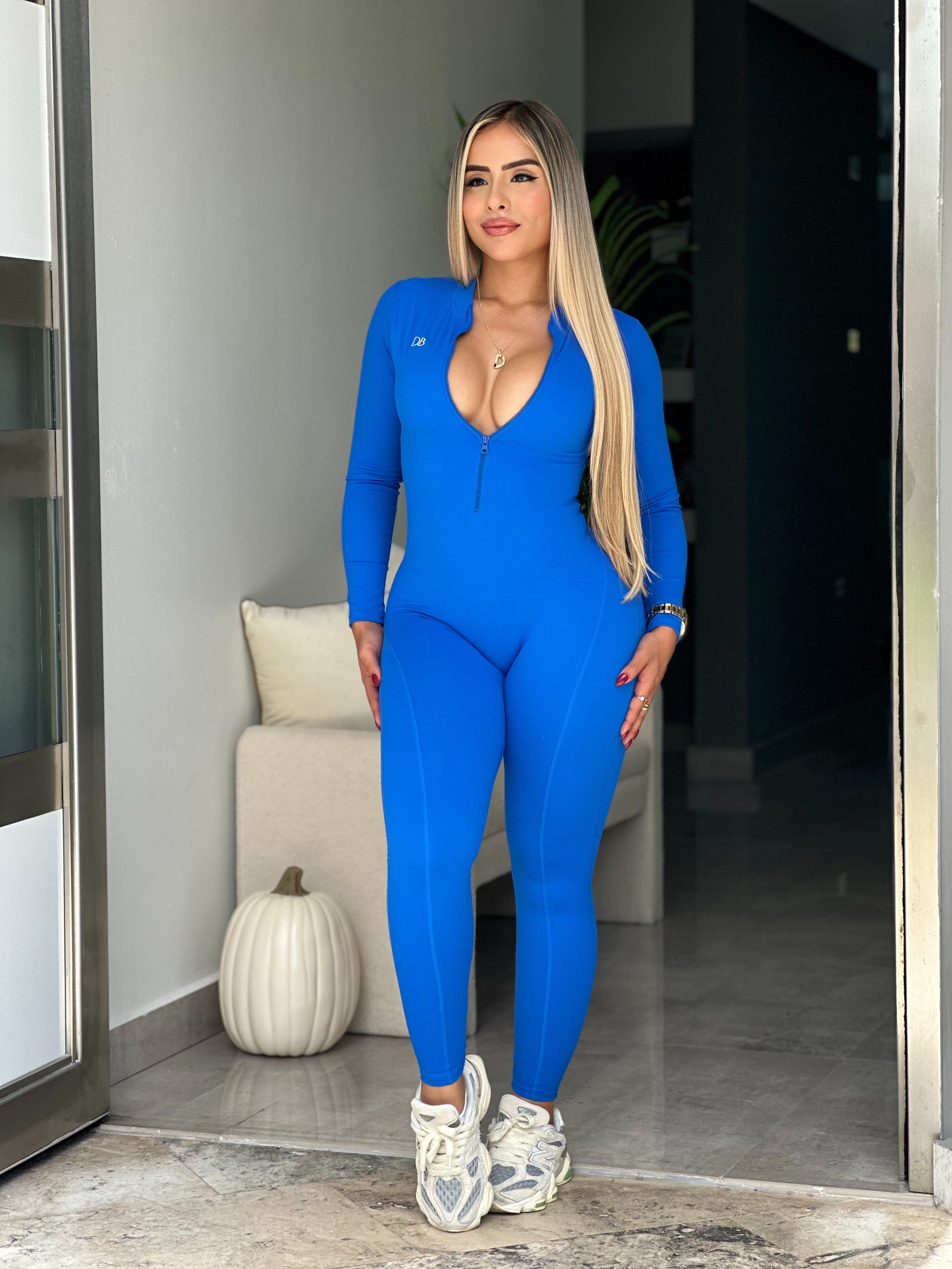 Blue Long Sleeve Zipper V Back Jumpsuit