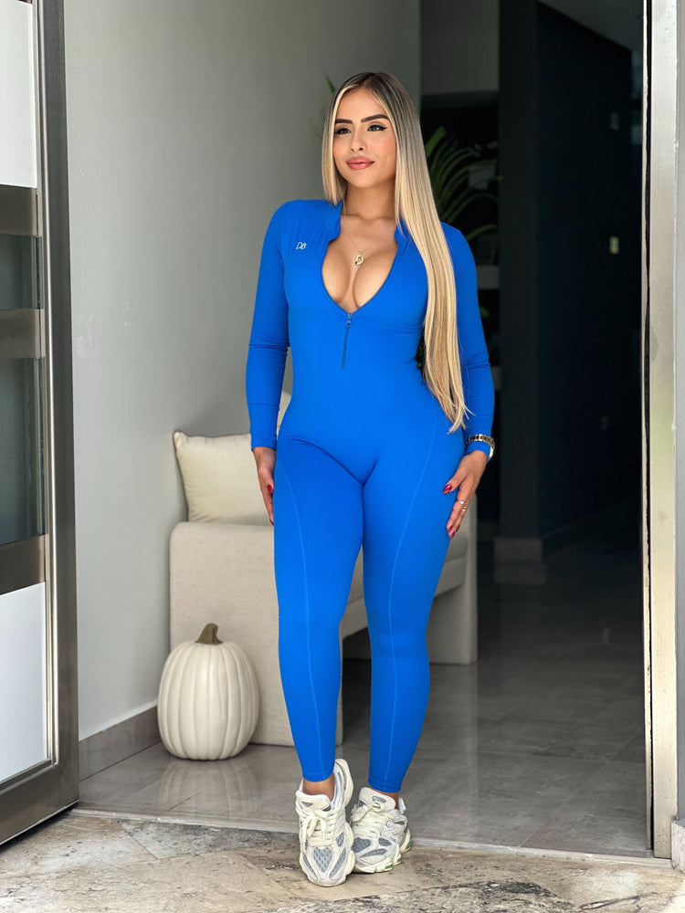 Blue Long Sleeve Zipper V Back Jumpsuit