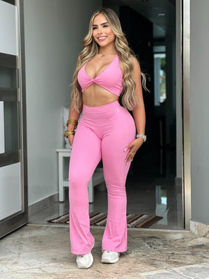 Pink V Back Bell Bottom Set