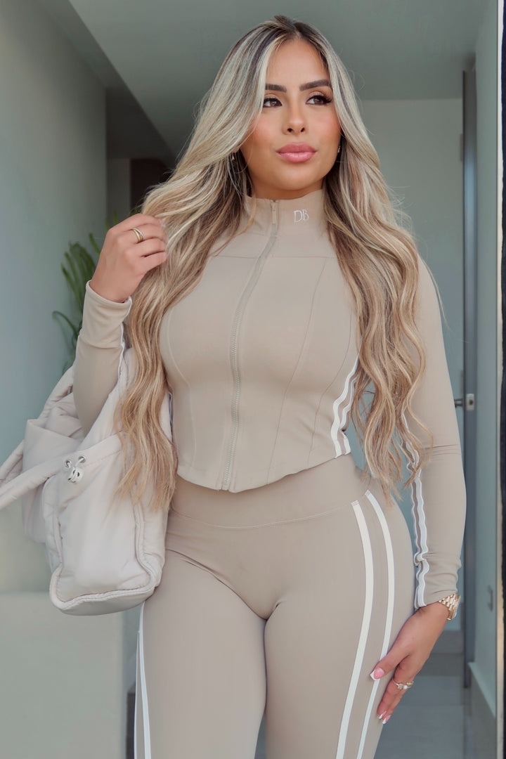 Beige Sporty Striped Jacket Flare Set
