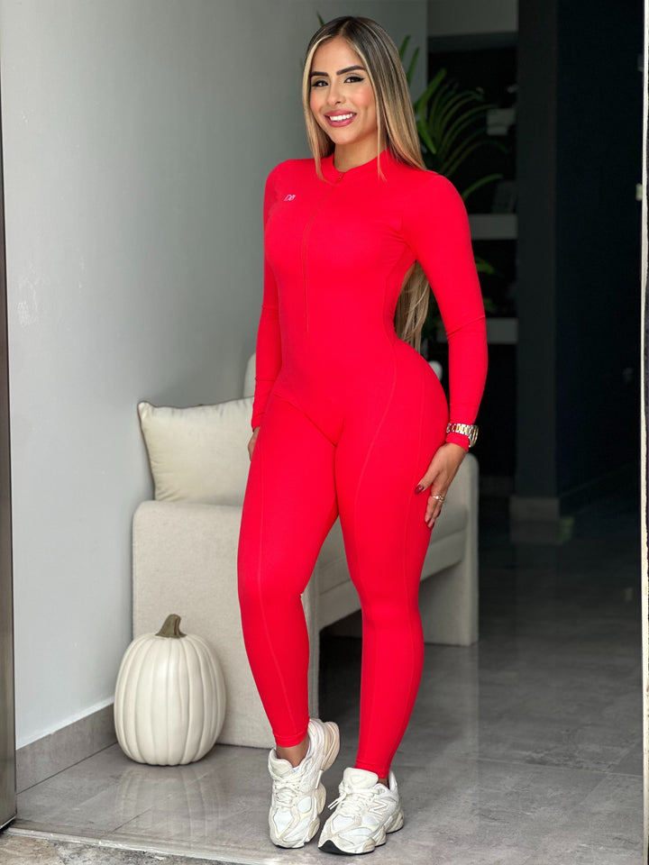 Red Long Sleeve Zipper V Back Jumpsuit